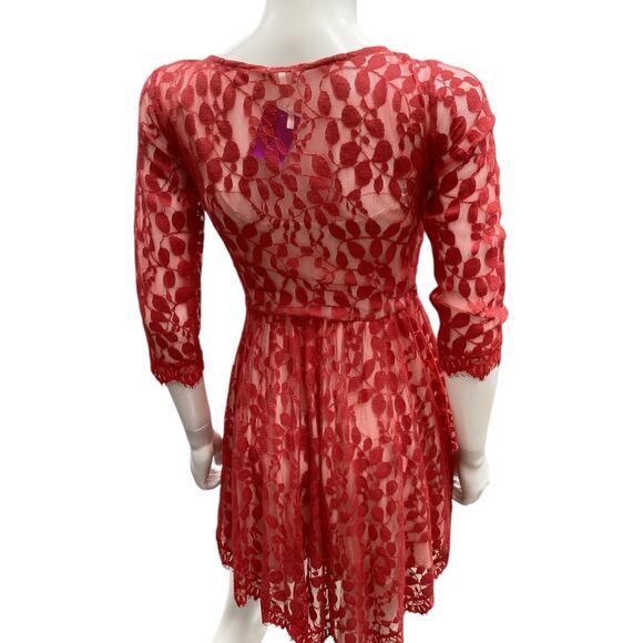 Free People Dress Women’s SZ 0 Slip With Lace Overlay 3/4 Sleeves Red And Cream - Picture 4 of 5